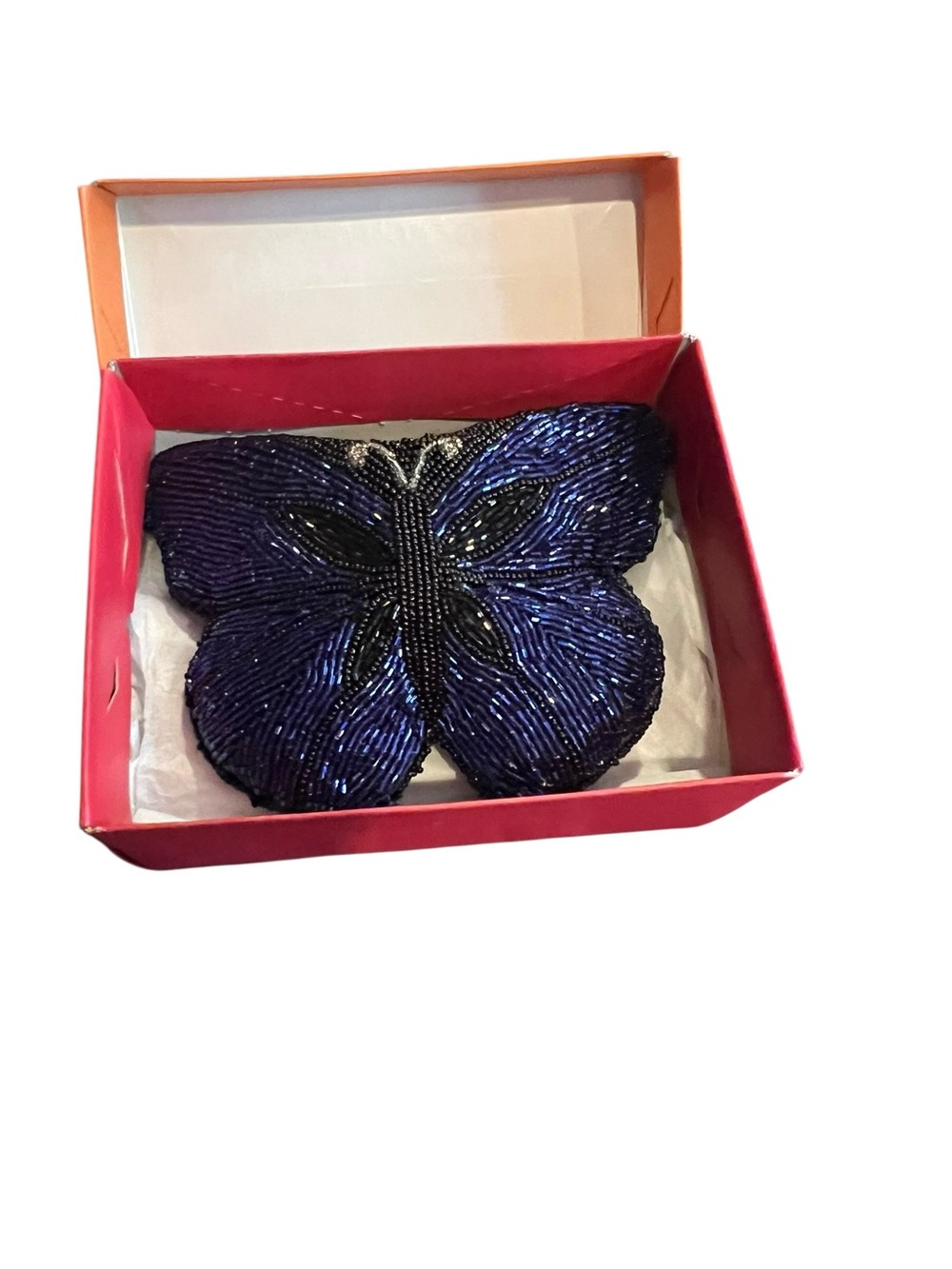 Hand Beaded Blue and Black Neiman Marcus Butterfly Coin Purse in box.